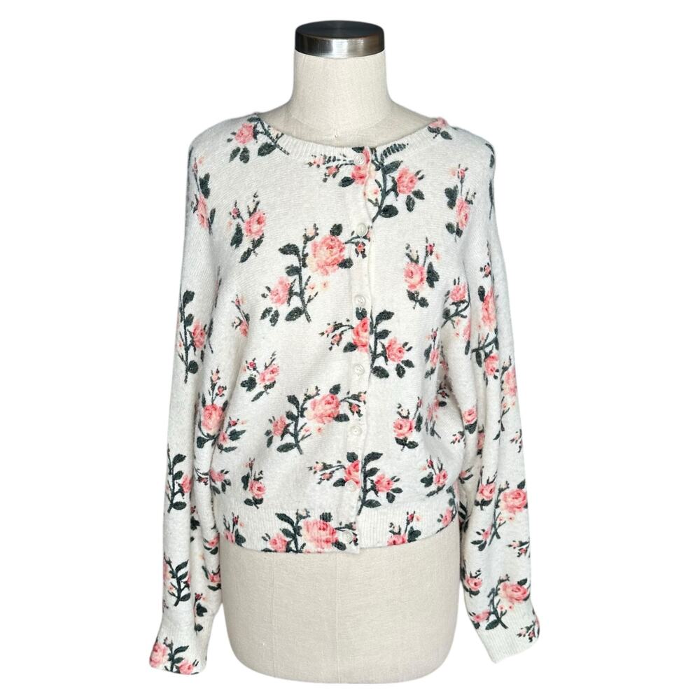 & OTHER STORIES Cream Pink Rose Floral‎ Knit Button Down Cardigan Sweater Medium
